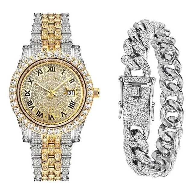 Reloj De Pulsera De Moda Con Fecha Y Diamantes Para Hombre Color De La Correa Watch + Silver Bracelet