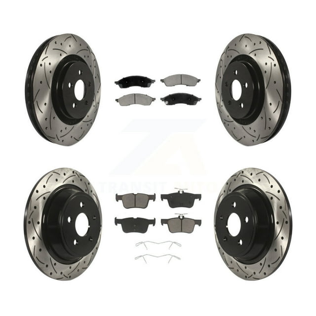 Transit Auto Front Rear Coated Drilled Slotted Disc Brake Rotors and Ceramic Pads Kit for Car 2022-2023 Lincoln Nautilus with Solid 350mm Diameter Rotor KDC-101218