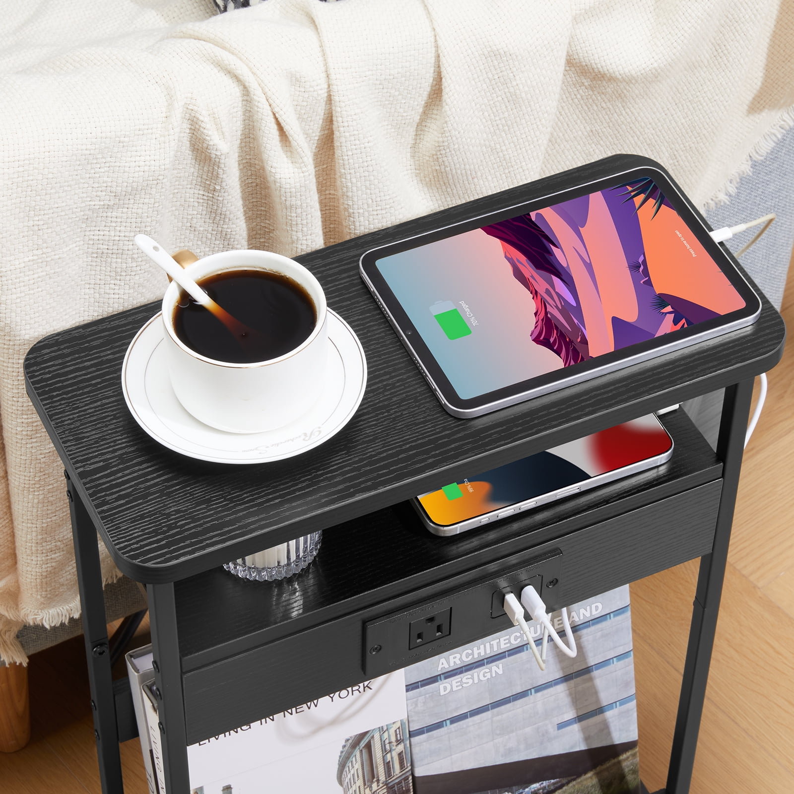 Narrow Side Table with Charging Station, 3 Tier Slim End Table with Storage Shelf for Small Spaces, 21.6 Inch Height Thin Tables Small Nightstand Magazine Rack for Living Room,Black