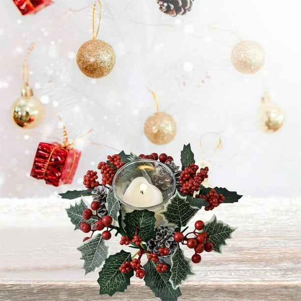 Corona navideña de frutos rojos | Portavelas de aromaterapia con forma de anillo y guirnalda floral | Anillo de flores de plástico de 22 cm para velas cilíndricas, centro de mesa o decoración.