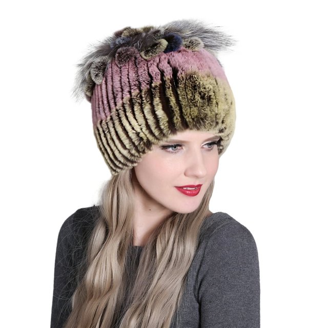 Bonnet à Fourrure de Couleur Contrastante pour Femmes Hiver avec Patchwork