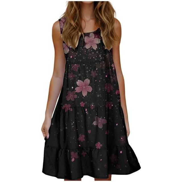 Hyknon Robes d'Été pour Femmes Mode Boho Floral Imprimé Col Rond Sans Manches Robes d'Été Amples Grande Taille Fluides Tempérament Plage Midi