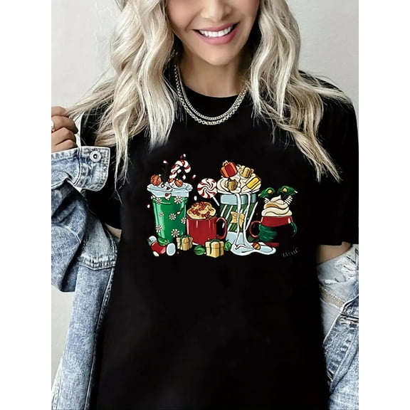 Merry Christmas Tshirt Christmas Gifts Print Pure Cotton Short Sleeve Shirt for Woman