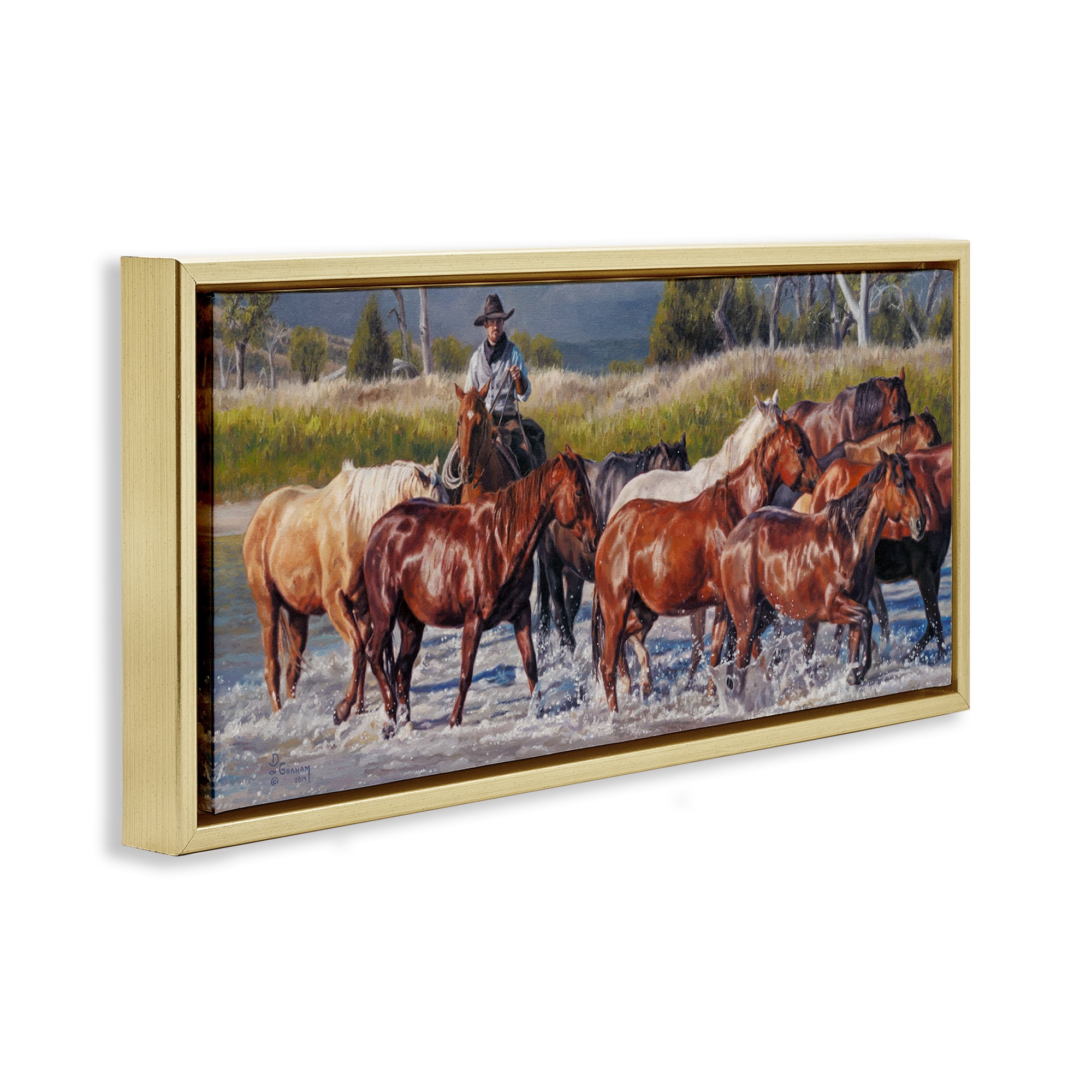 Stupell Industries Crossing The Remuda Animals & Insects Painting Gold Floater Framed Canvas Art Print Wall Art, 25 x 11