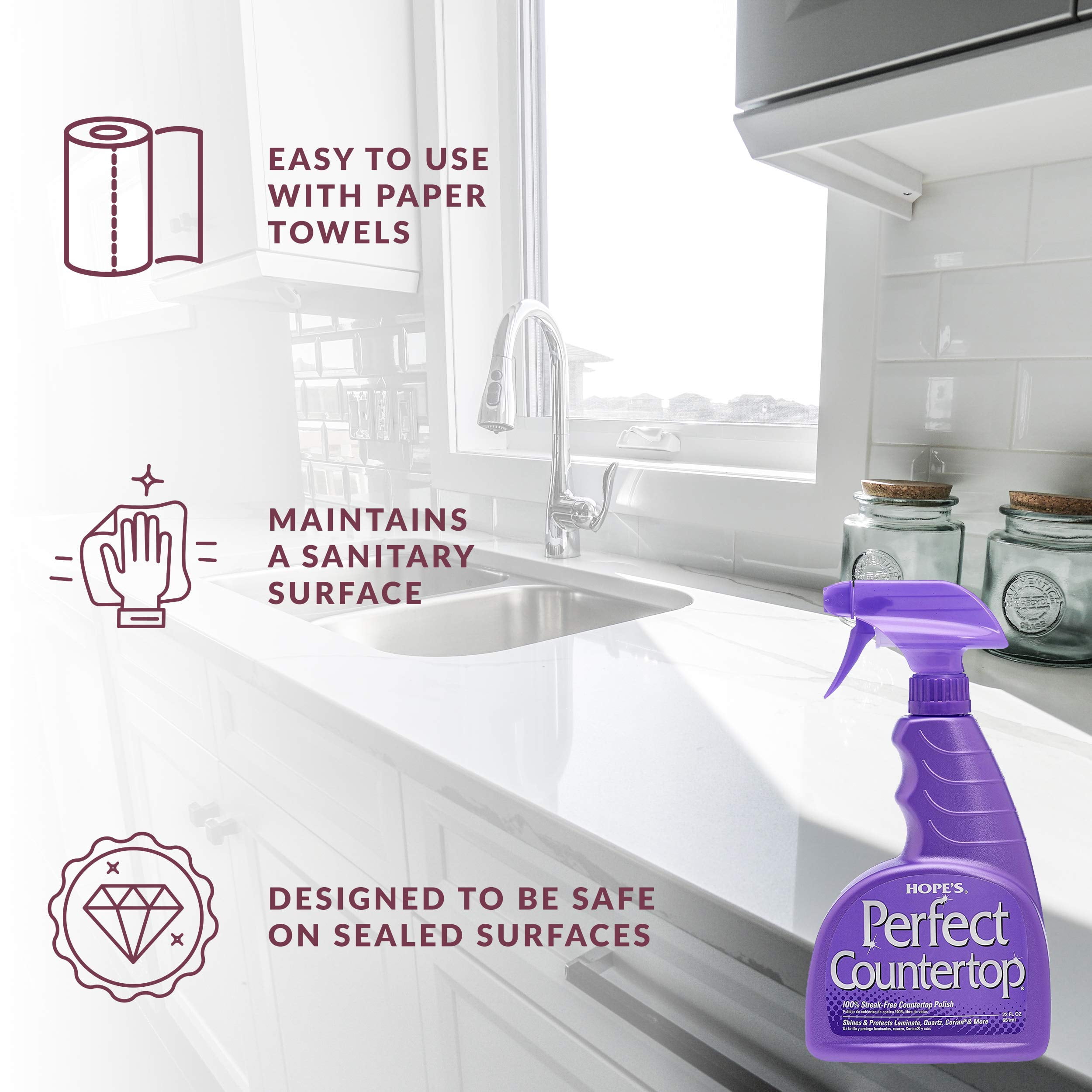 HOPE'S Perfect Countertop Cleaner and Polish, Streak-Free Multi Surface Cleaning Spray, 22 Fl Oz, Pack of 1