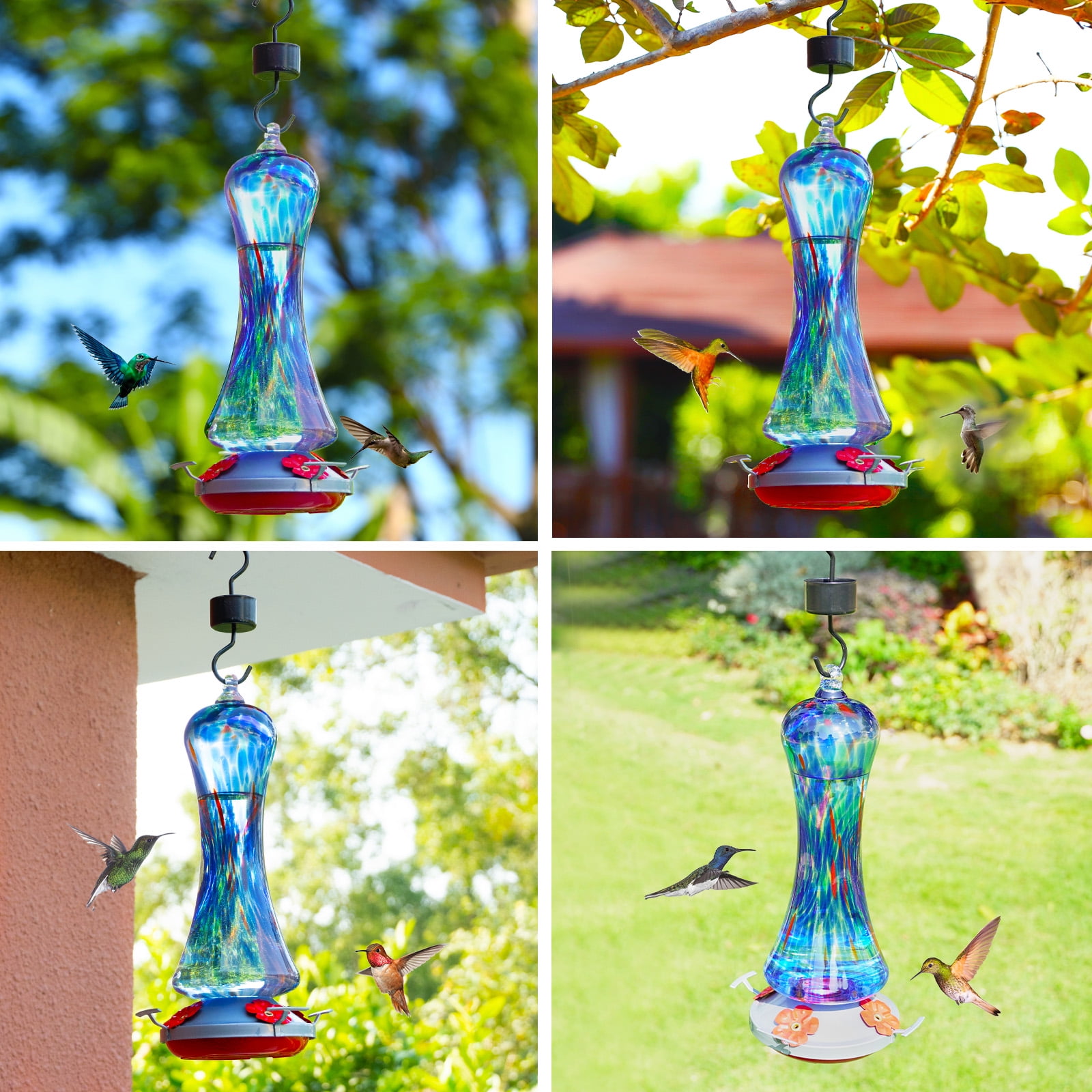 Birdkiss Hand-Blown Glass Hummingbird Feeder 16 oz for Garden Backyard Patio Decor with Ant Moat, Leak Proof & Rustproof, 5 Feeding Ports & 5 Perches