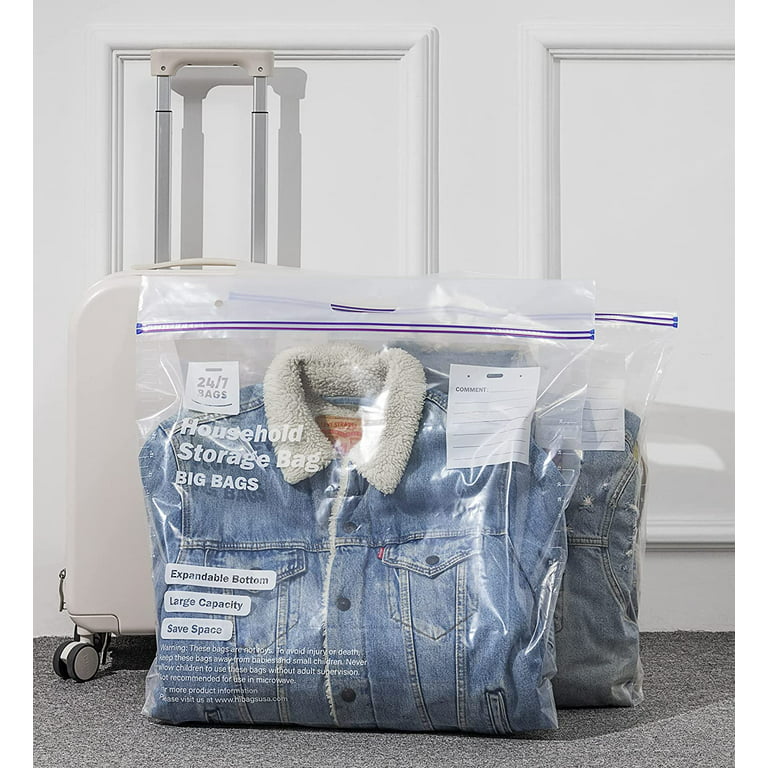 24/7 Bags Double Zipper Jumbo Bags, 10 Gallons, 15 Count, Expandable Bottom & Handle, Clear