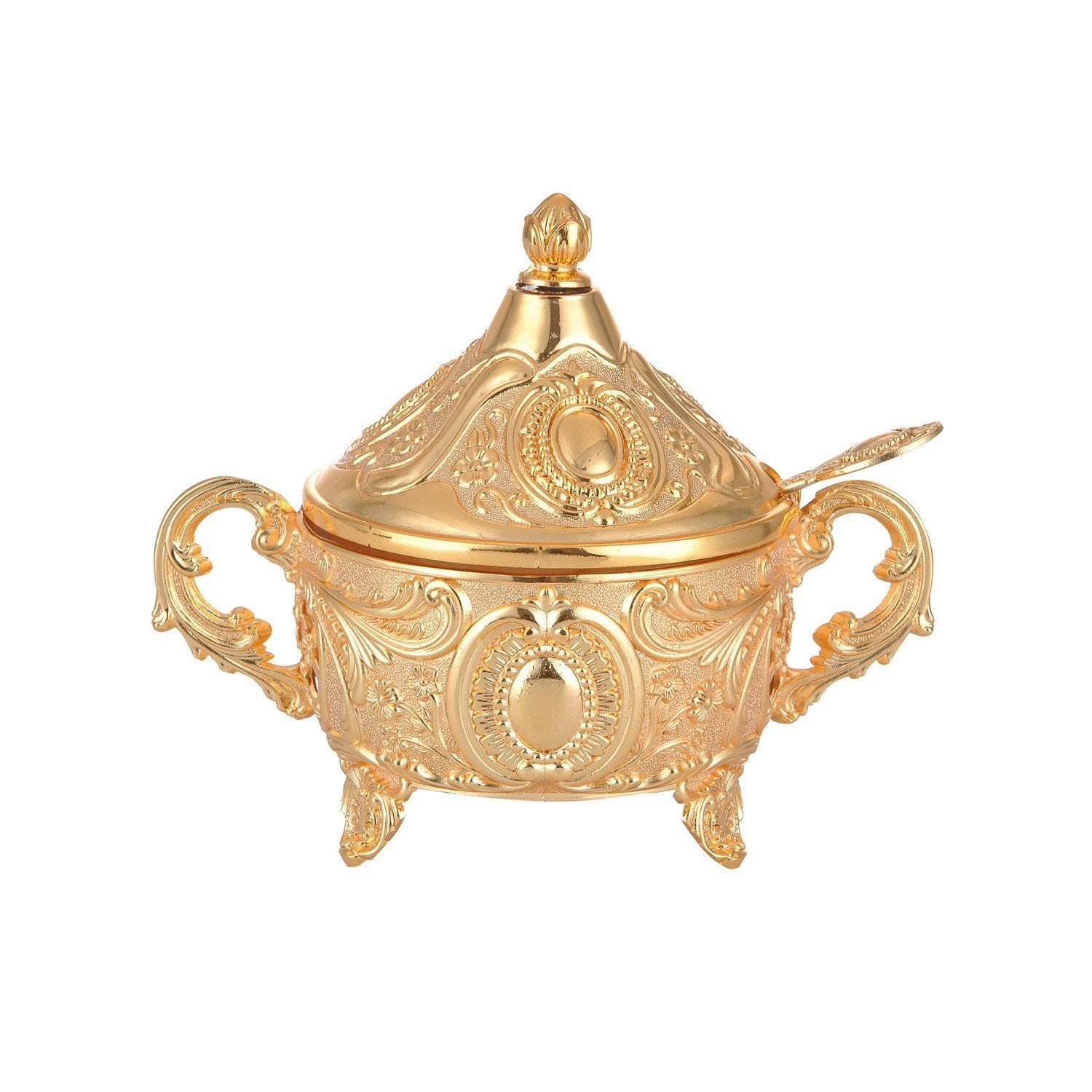 Elegant Gold Color Golden Sugar Cube All Metal Pot Container with Spoon