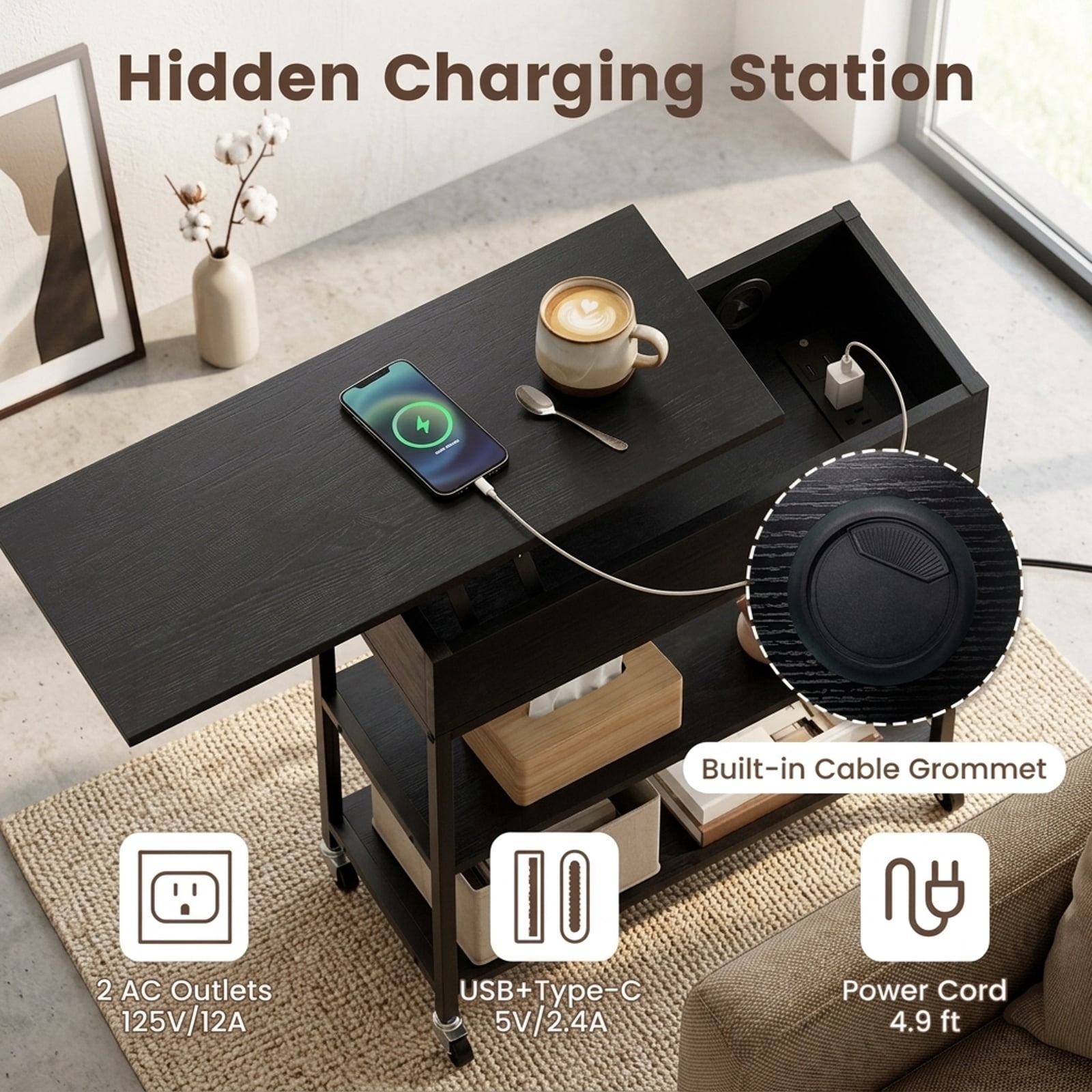Furnibear Lift Top End Table with Charging Station Hidden Compartment and Universal Wheels for Living Room Sofa Side Narrow Spaces, Black