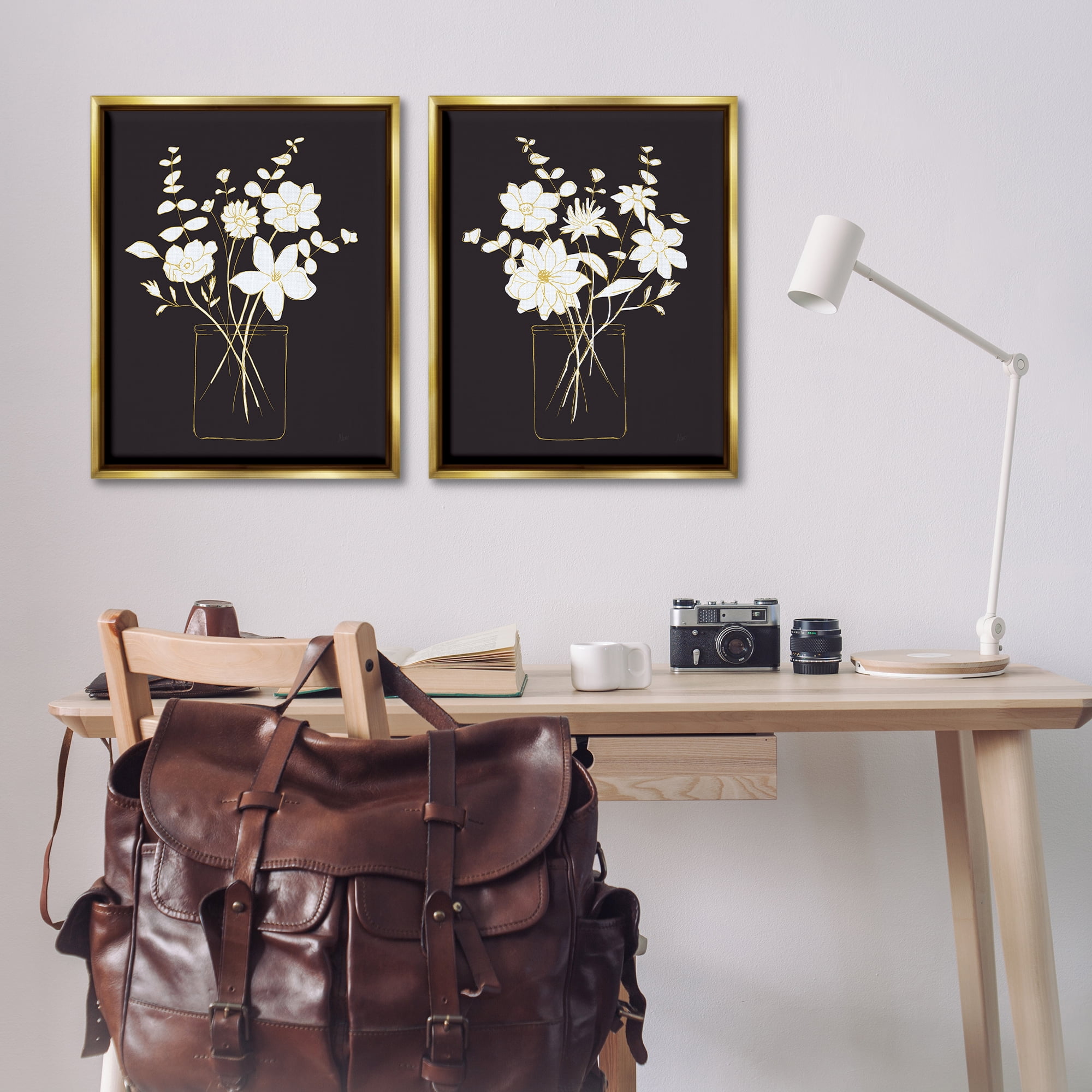 Stupell Industries Minimalist Flower Sketch in Jar Plants & Flowers Painting Gold Floater Framed Canvas Art Print Wall Art, 31 x 25, Set of 2