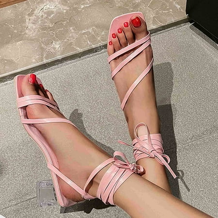 

ZHELIYO Women s sandals Summer Fashion Large Size Thin Strap Crystal Chunky Heel Square Heel Sandals Pink 8