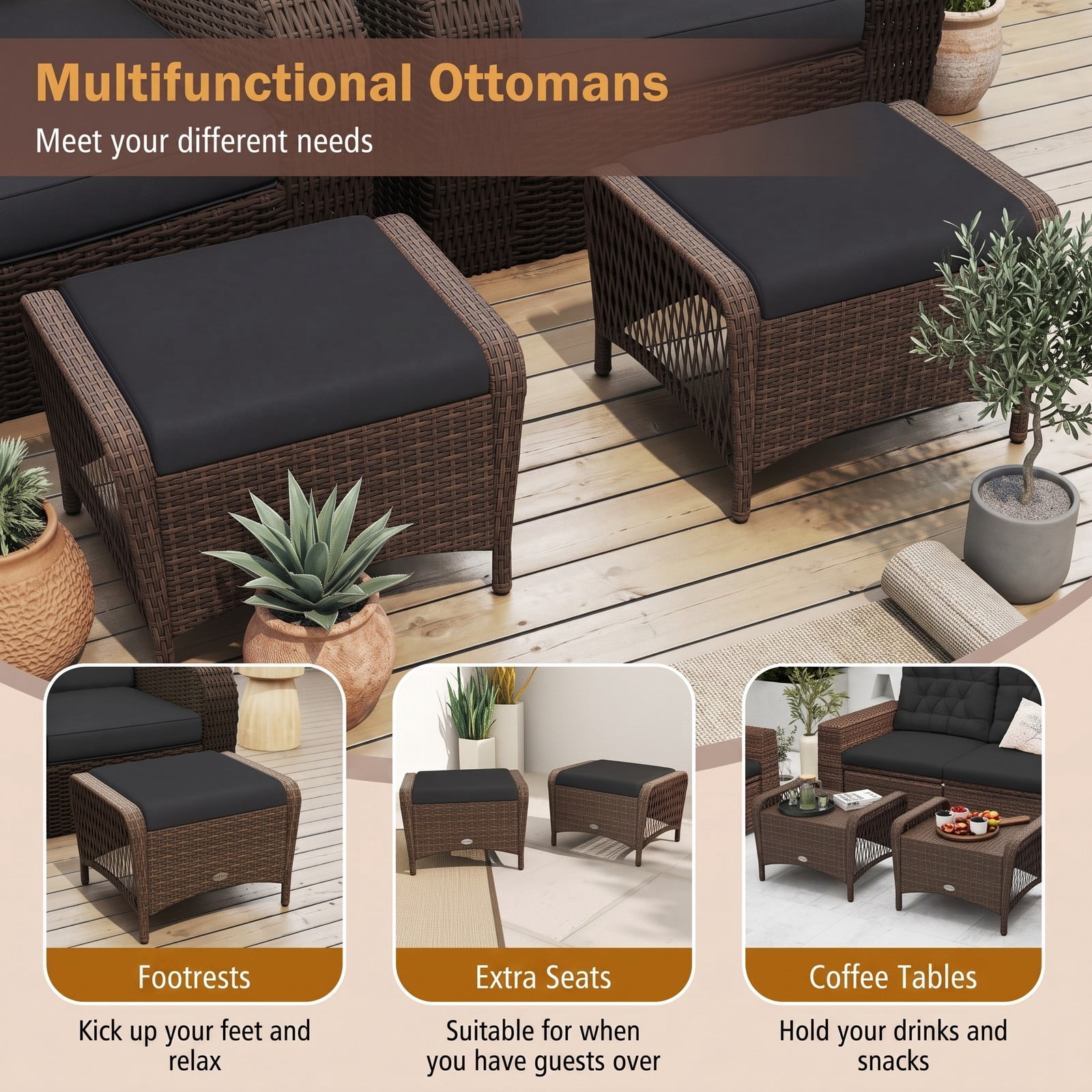 Furnibear Set of 2 Outdoor Patio PE Wicker Ottomans with Removable Cushions, Hand-Woven Rattan Footrest Extra Seat Coffee Table for Garden Porch Backyard, 400, Black