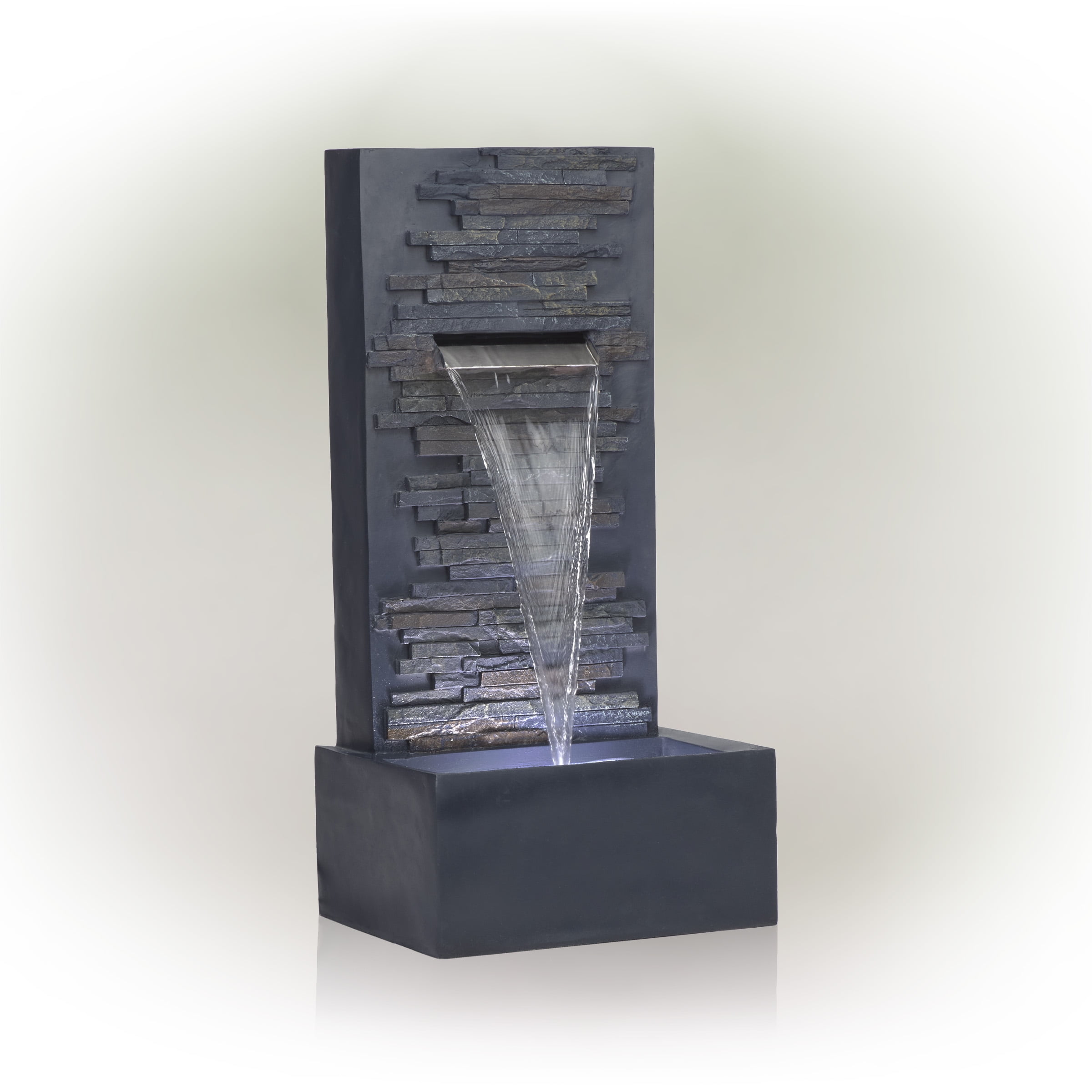 Alpine Corporation 32" Tall Cascading Stone Wall Fountain Decoration with LED Lights