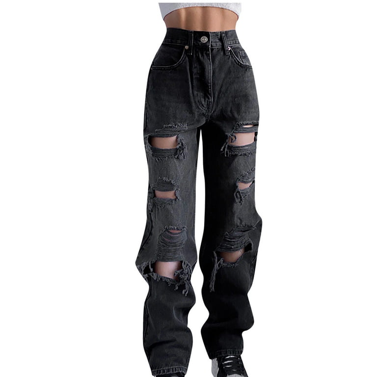 OGLCCG Women's Ripped Boyfriend Jeans High Waist Casual Loose Distressed  Wide Leg Denim Pants Fashion Baggy Cutout Denim Trousers