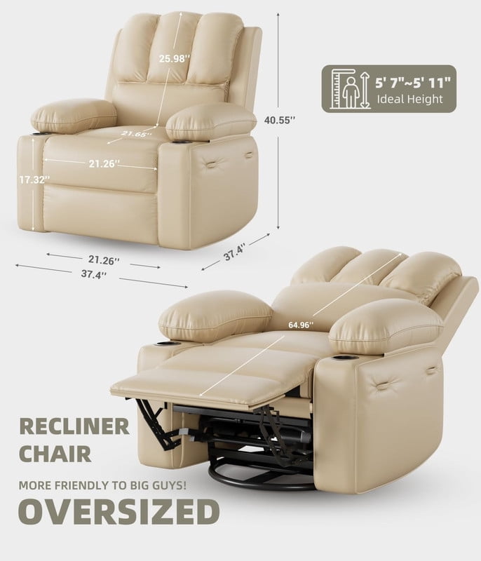 TROPOW Oversized Electric Power Recliner Chair with Heat & Massage - 360° Swivel Rocker Recliner for Living Room, PU Leather Recliner with 1.5X Sponge Filling, 22" Large Seat Lazyboy Style