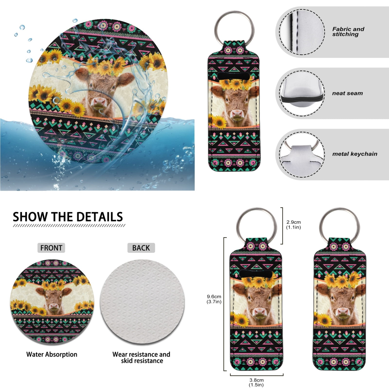 Jeiento Highland Cow Auto Accessories Set Car Seat Cover Protector Car Floor Mats Steering Wheel Cover Seatbelt Shoulder Pad Armrest Cover Coasters Lipstick Holder Keychains 17 PCS Aztec Car Decor