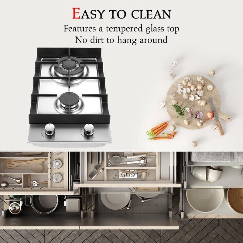 GD 12 in. 2 Burners Recessed Gas Cooktop with Tempered Glass Top, for Dual Fuel LPG/NG, Stainless Steel