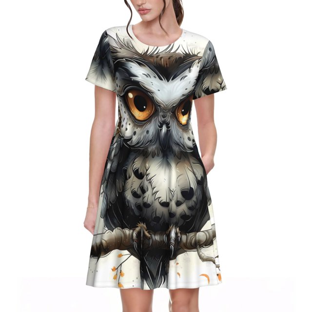 Balery Whimsical Owl On Branch Vestidos sueltos de manga corta para mujer, vestidos de verano 2025, vestidos casuales de corte A con vuelo.