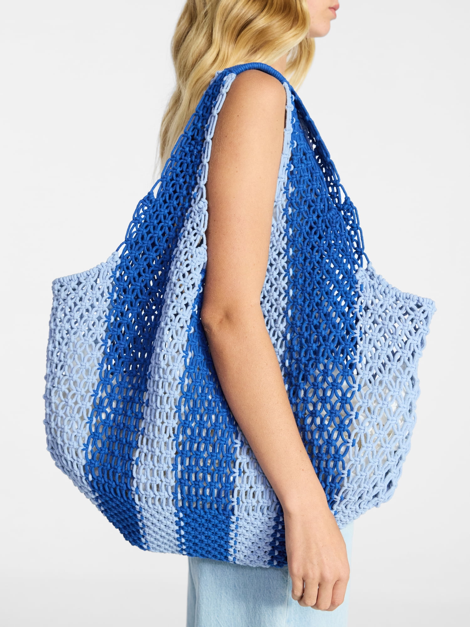 No Boundaries Women's Festival Crochet Striped Hobo Bag, Caribbean Blue Stripe