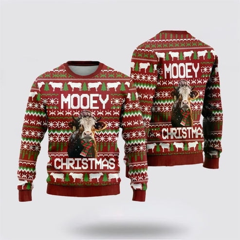 Farmers Sweater, Hereford Cow Mooey Christmass 3D Christmas Sweater, Christmas Crewneck Sweater, Winter Farm Fashion