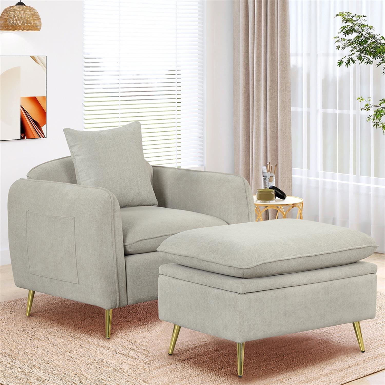 Kadyn 35.2" Modern Armchair, Single Sofa Chair with Ottoman Foot Rest and Pillow, Velvet Accent Chairs for Small Spaces Apartment Office, Gray Kadyn 35.2" Modern Armchair, Single Sofa Chair with Ottoman Foot Rest and Pillow, Velvet Accent Chairs for Small Spaces Apartment Office, Gray