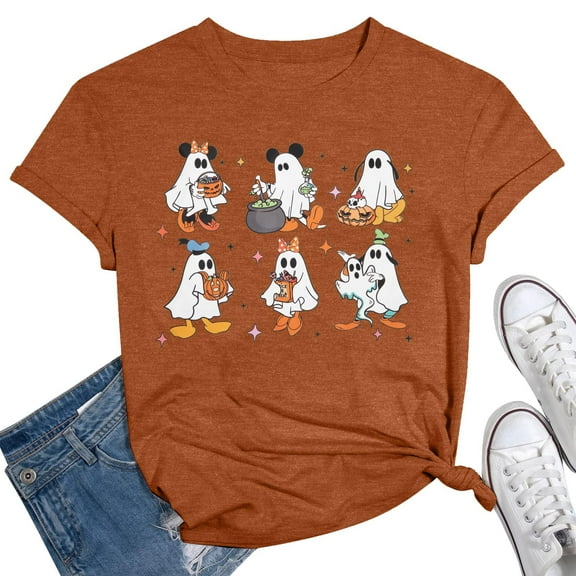 KimSoong Women Halloween Pumpkin T-Shirt Cute Ghost Graphic Shirt Spooky Season Tee Fall Graphic Short Sleeve Tee