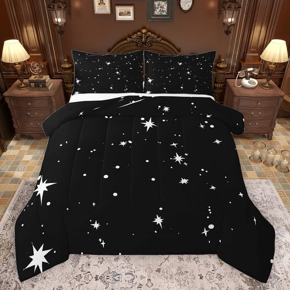 jejeloiu White Black Bedding Comforter Set,Cartoon Stars Twin Comforter Sets,Kawaii Moons Bedding Set For Girls,Luxury Bedroom Decor Reversible,2pcs