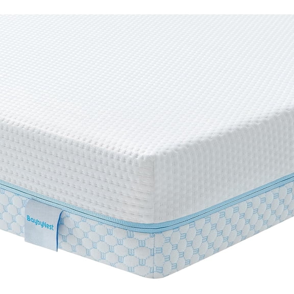 BaybyNest 4" Portable Dual Sided Playard Mini Crib Mattress (Firm & Plush) - Gel-Infused Memory Foam, Breathable Cooling Cover - CertiPUR-US Certified (Blue & White)