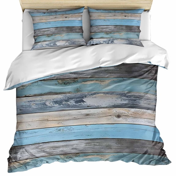 Vintage Blue Brown Grey Bedding 3 Piece Duvet Cover Set California King, Retro Farmhouse Wooden Country Soft Microfiber Comforter Cover with Zipper Closure & Pillowcases, FadeResistant Quilt Cover