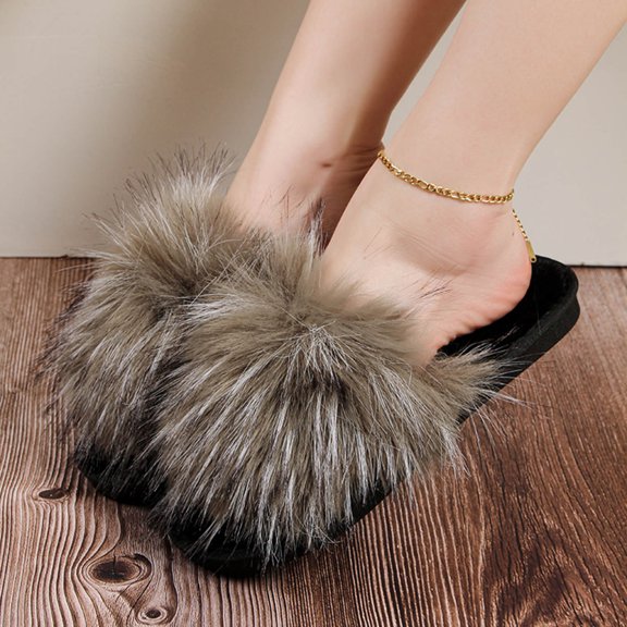 Viluyesy Womens Fuzzy Slippers Fluffy Faux Fur Open Toe Slide Cozy Non Slip Plush Soft Indoor Outdoor House Slides Khaki Size 6.5