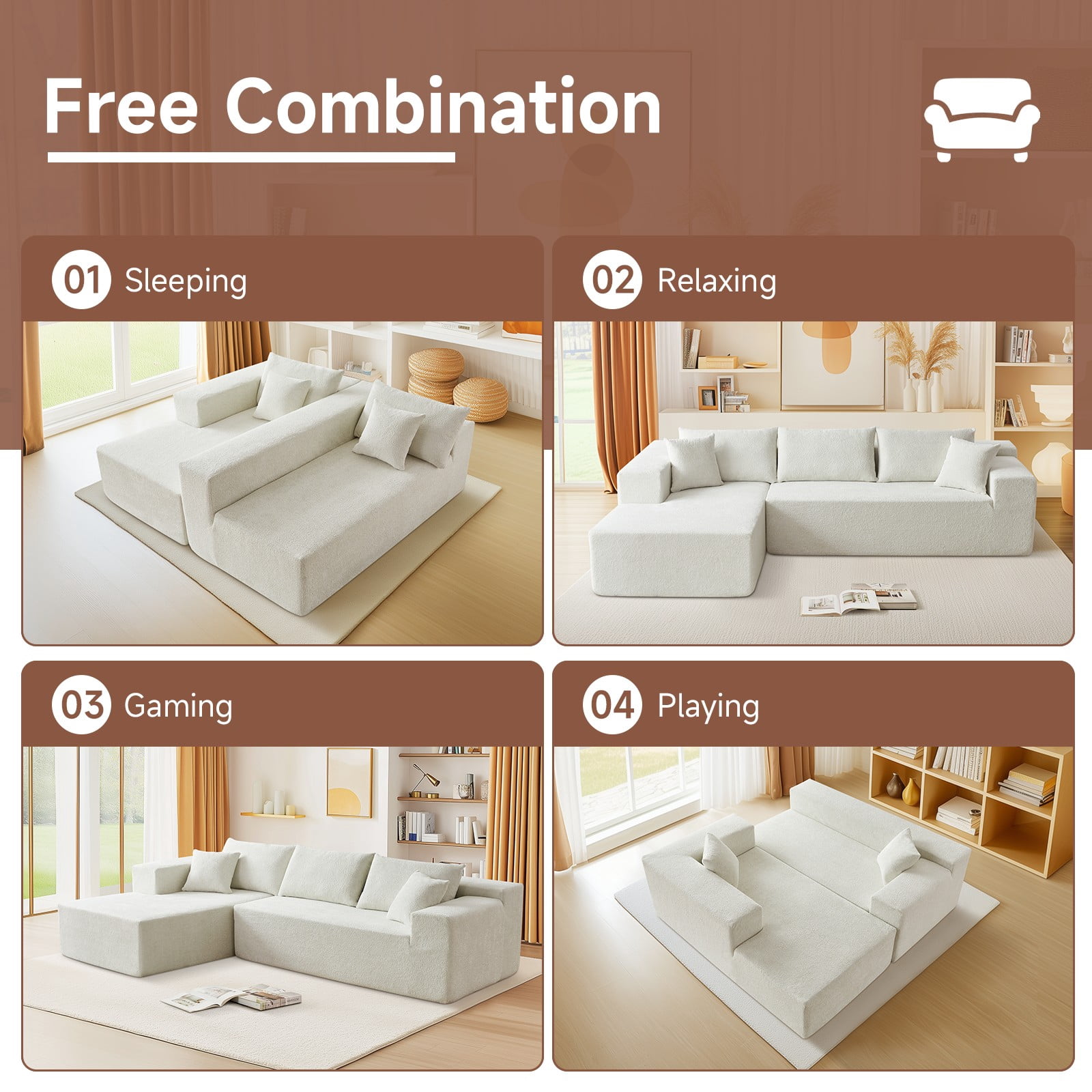 Vinform 103.54 Inch Velvet Sectional Sofa, Modern L-Shaped Modular Sofa with High-Density Foam (Includes Chaise Lounge and Throw Pillows), Upholstered Cloud Sofa for Living Rooms(Beige/Right Side)