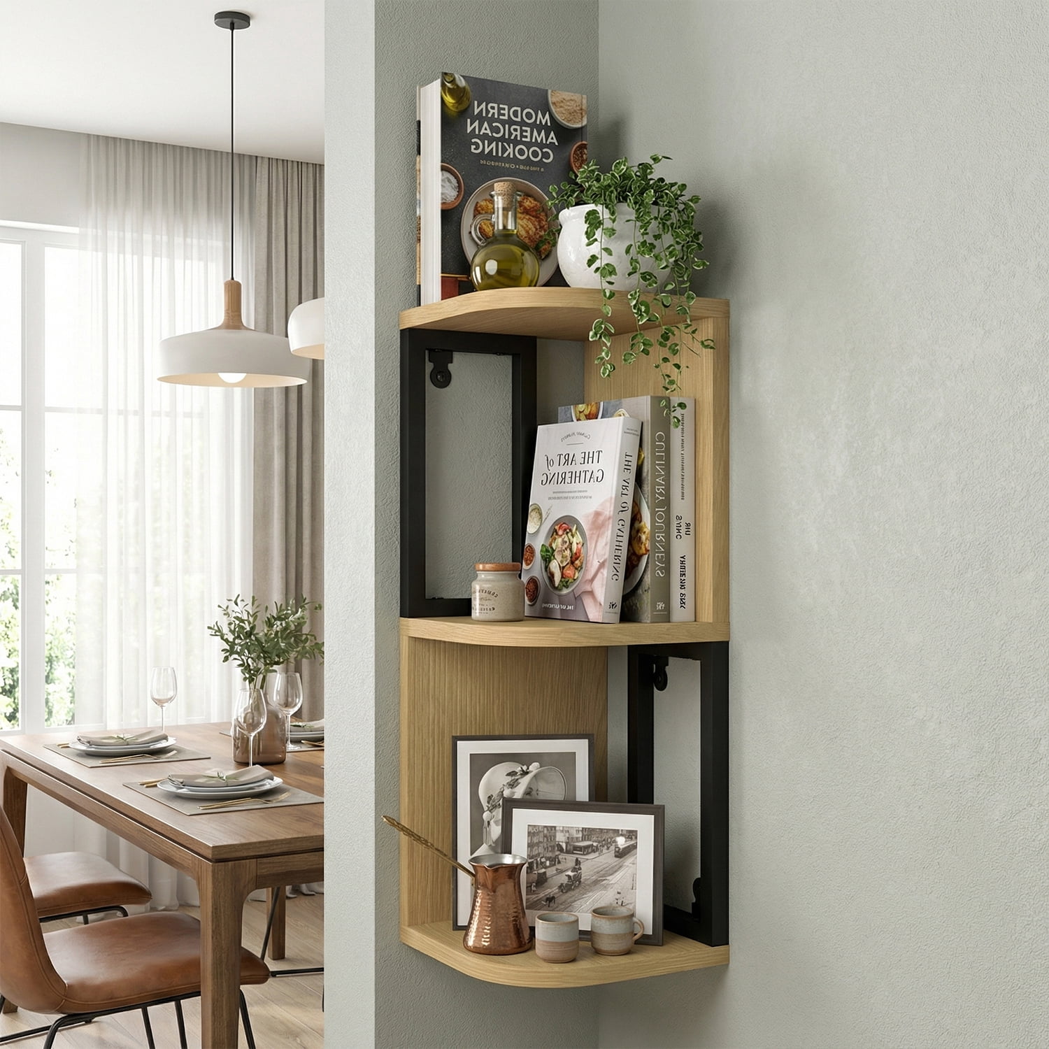 Demi Bonn L-Shaped Corner Wall Mounted Floating Shelves, Light Wood & Black Metal Frame, Invisible Bracket Anti-Sag Solid Wood Shelving for Bathroom Kitchen Living Room