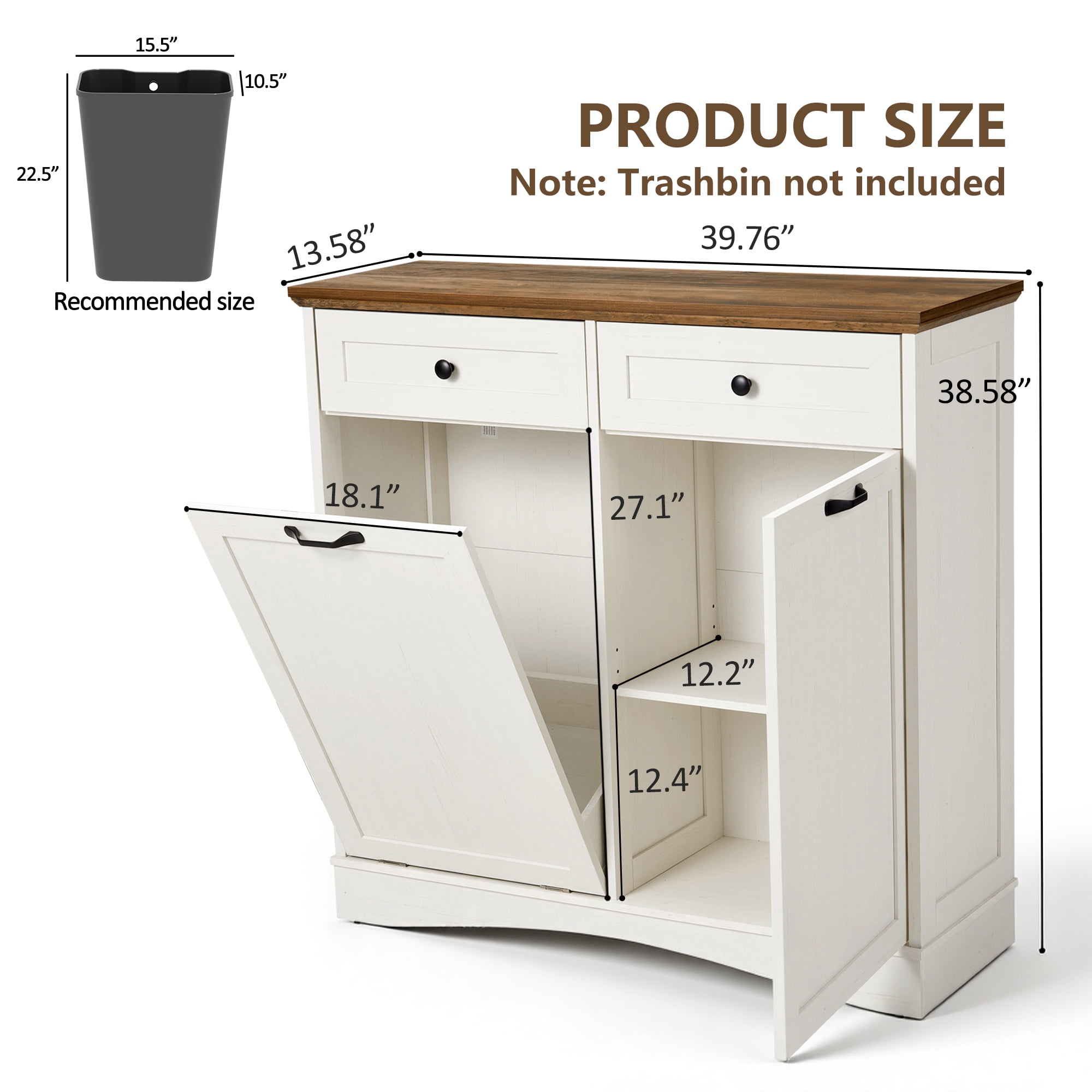 AHB 13 Gallon Single Tilt Out Trash Cabinet with Shelf, Kitchen Trash Can Storage Organizer, 39.4"L x 14"W x 38.3"H, White