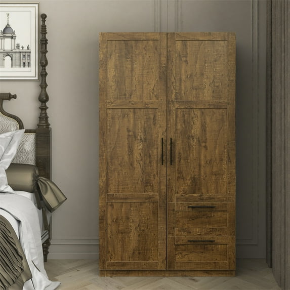 Cfowner 2 Door Wardrobe Cabinet with 2 Drawers and 5 Storage Spaces, 39.37"W x 19.49"D x 70.87"H