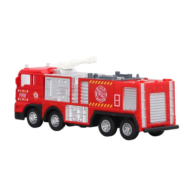 vehículo de bomberos de juguete, camión de bomberos a escala 1:55 con carrocería roja y detalles multicolor; vista lateral 3/4, escalera blanca superior, paneles simulados plateados, seis ruedas negras con llantas plateadas, cuerpo de aleación y plástico, función de marcha libre, adecuado para juego de rol infantil y como decoración en cuarto.