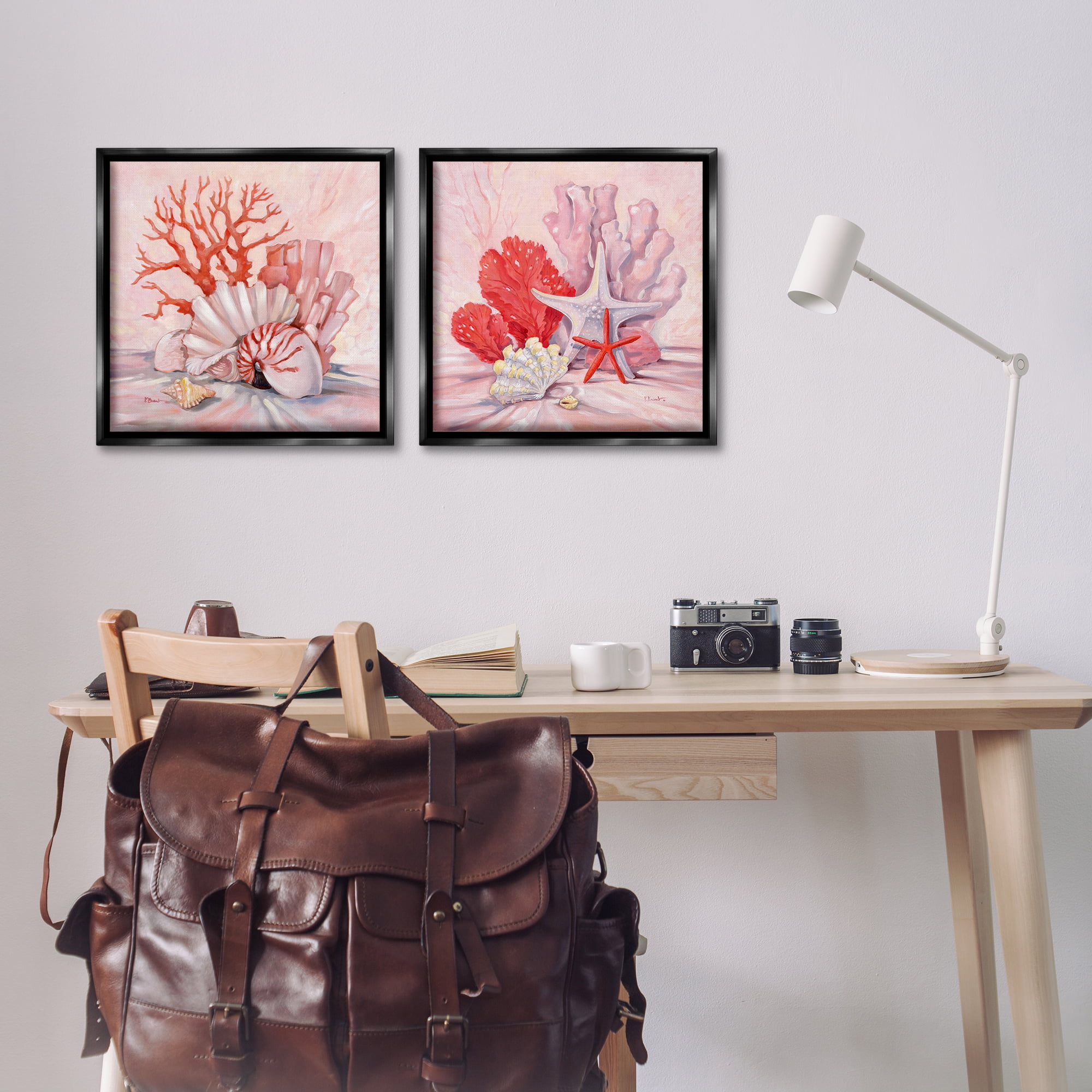 Stupell Industries Pink Coral Still Life Nautical & Beach Painting Black Floater Framed Canvas Art Print Wall Art, 18 x 18, Set of 2