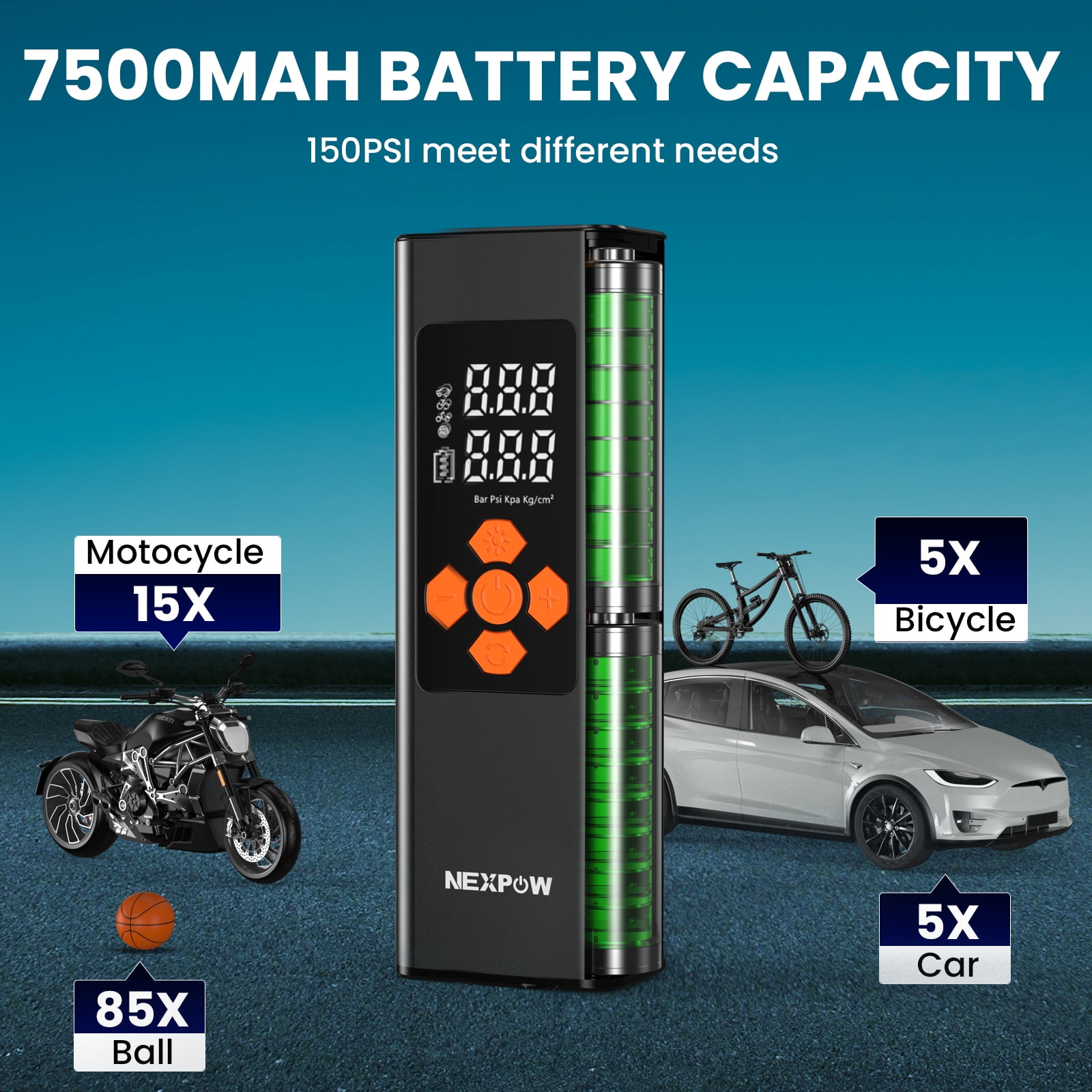 NEXPOW 150PSI Cordless Tire Inflator, 7500mAh Air Compressor with Dual-Screen Display & Auto Shut-Off, Portable Air Pump for Car/Motorcycle/Bike, USB Power Bank + LED Light, Black