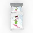 thumbnail image 1 of Sports Duvet Cover Set, Skiing Girl on Snowy Hill Joy Smiling Child on Pink Ski Winter Hobby Cartoon, Bedding Set with Shams and Fitted Sheet, 3 Sizes, by Ambesonne, 1 of 3