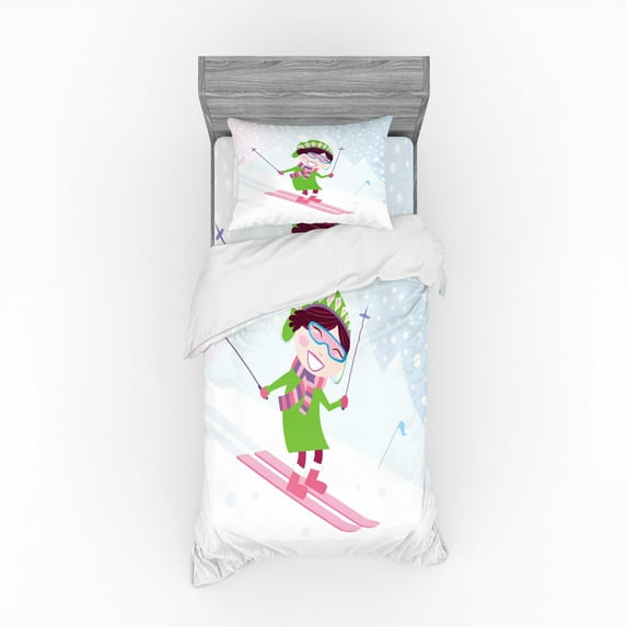 Sports Duvet Cover Set, Skiing Girl on Snowy Hill Joy Smiling Child on Pink Ski Winter Hobby Cartoon, Bedding Set with Shams and Fitted Sheet, 3 Sizes, by Ambesonne
