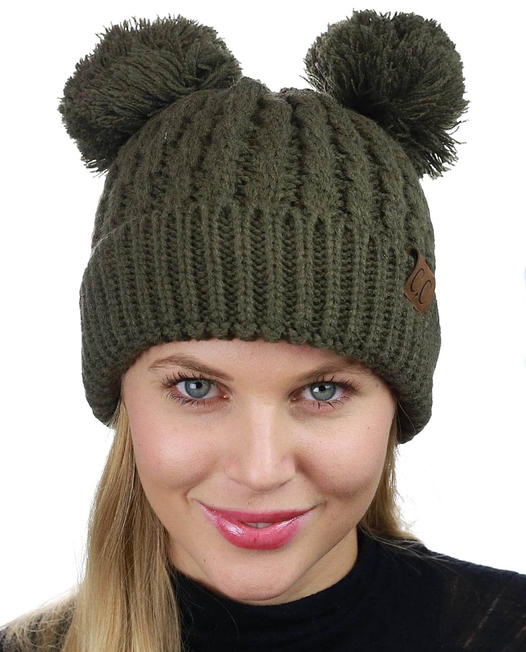 C.C 2 Ear Pom Pom Cable Knit Soft Stretch Cuff Skully Beanie Hat, Drak