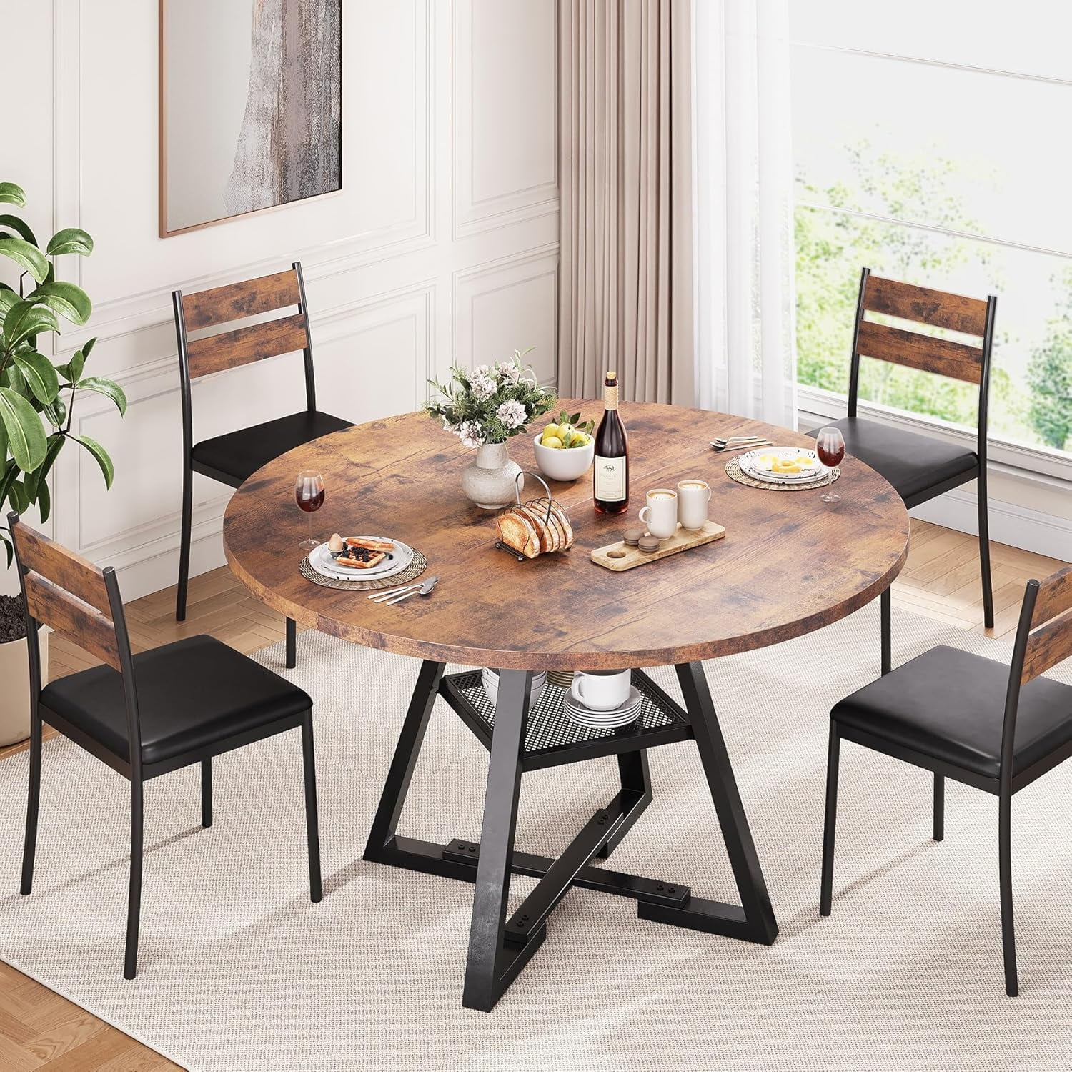 Cocosity 47 inch Wood Kitchen Table for 4, Round Dining Table with Storage Shelf for Home Dining Room Living Room Brown