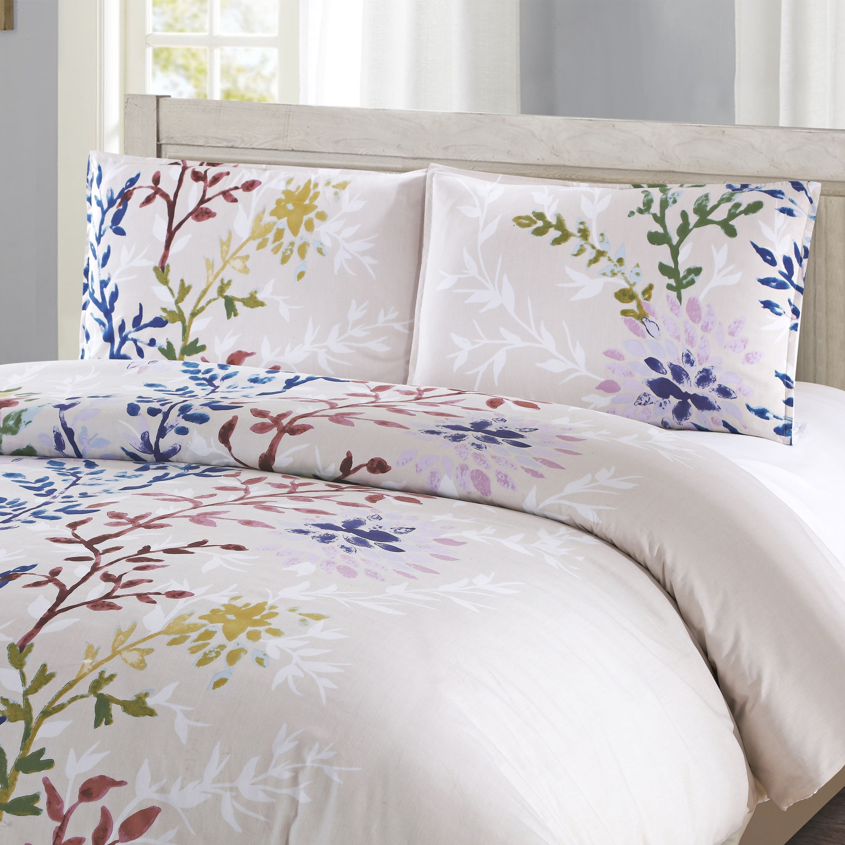 Dahlia Lane 3pc Duvet Cover Set - Multi-Color Floral Stems with White Leafy Silhouettes - 100% Cotton - Machine Washable - Includes 1 Duvet Cover + 2 Shams