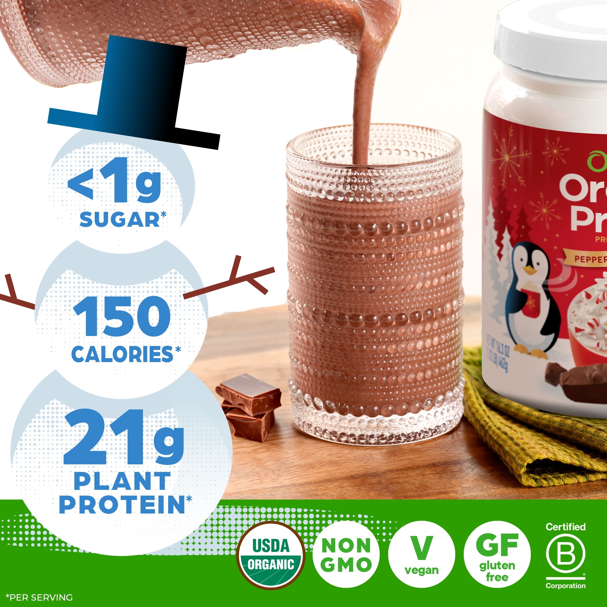 Orgain Organic Vegan 21g Protein Powder, Plant Based Shake Drink, Peppermint Hot Cocoa 1.02lb