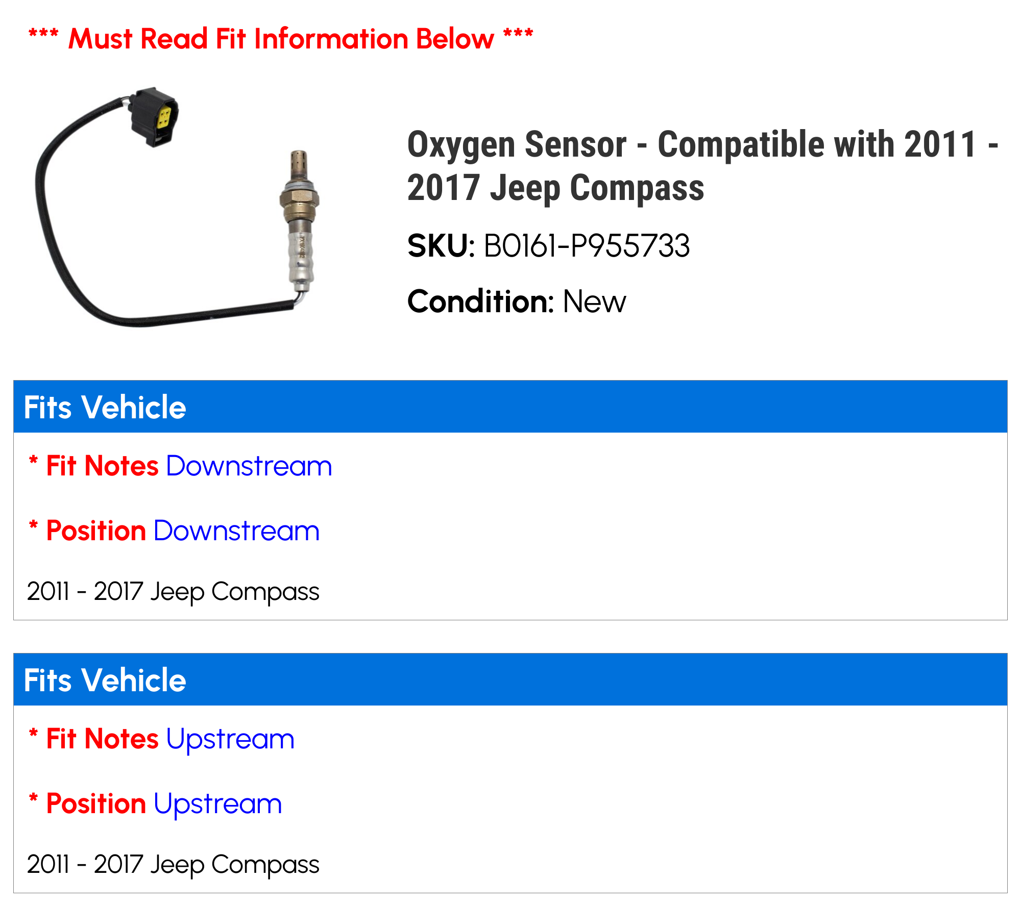 Oxygen Sensor - Compatible with 2011 - 2017 Jeep Compass 2012 2013 2014 2015 2016