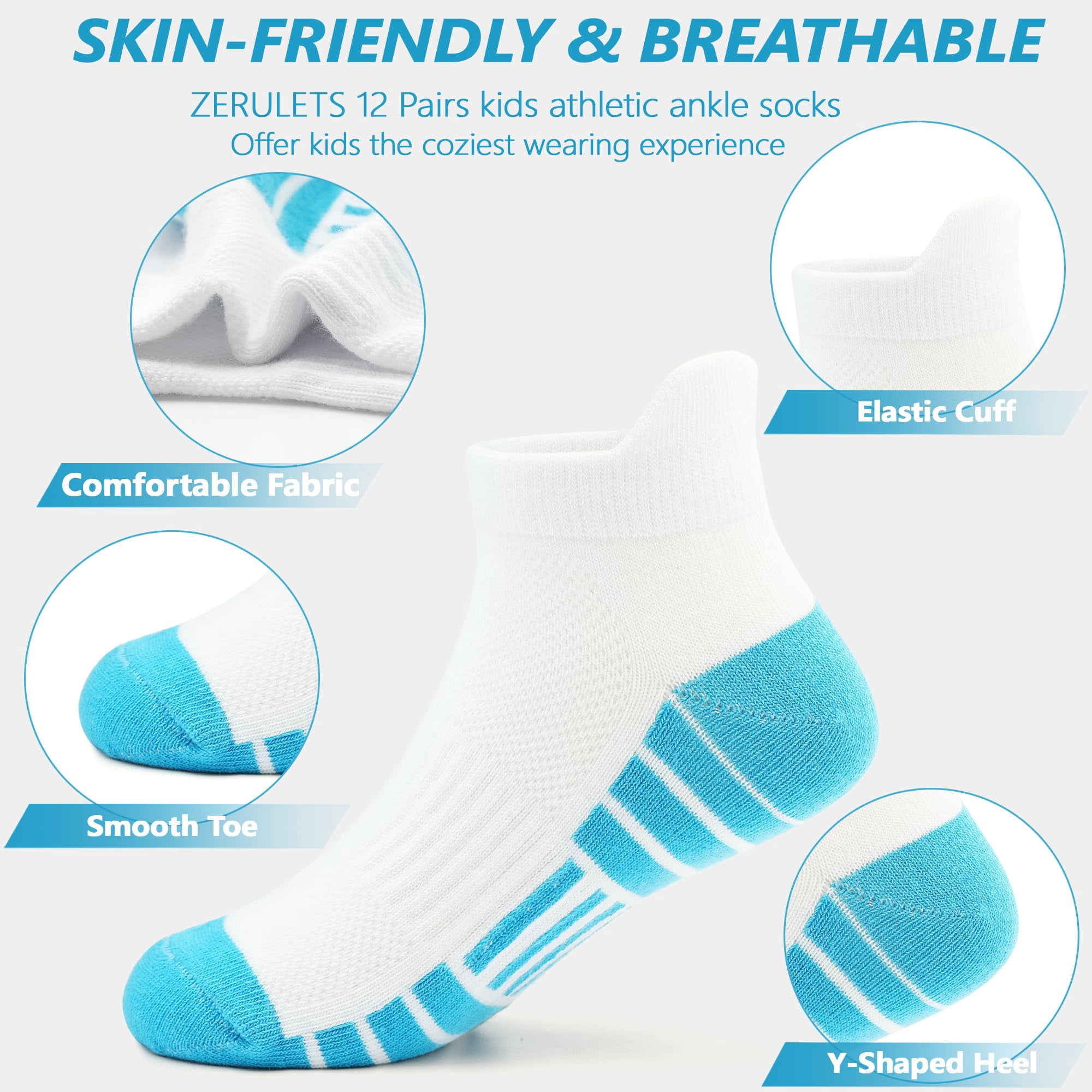 Kids Boys Socks, 12 Pairs Ankle Athletic Low Cut Half Cushion Socks for Boys Girls Toddler 1-14 Years