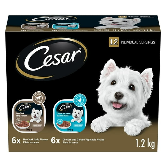 Cesar Adult Filets in Sauce Chicken & Garden Vegetables, New York Strip Flavour Variety Pack Soft Wet Dog Food 100g