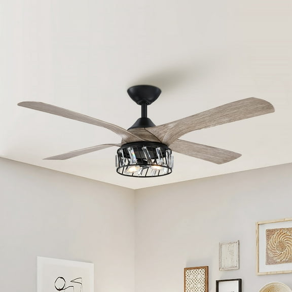 Parrot Uncle52 Inch Black Crystal Ceiling Fan with Remote and Lights, Dimmable, Reversible Motor, Timer