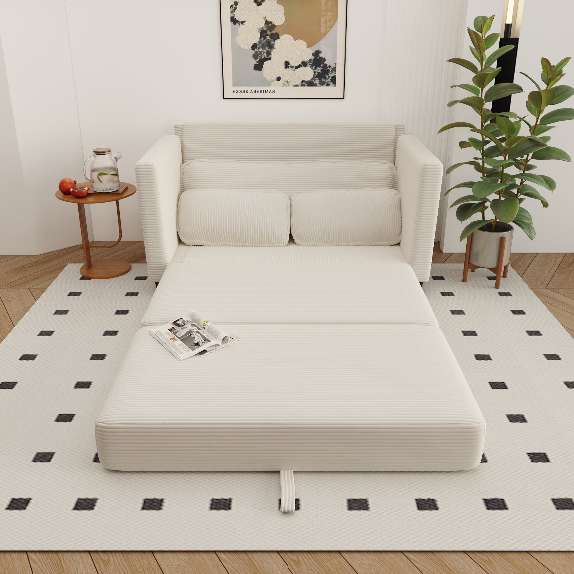 Jopat Convertible Sofa Bed,Corduroy Folding Sofa Bed,Loveseat Sleeper Sofa with Side Storage,Floor Couch for Apartment Living Room Bedroom,Beige