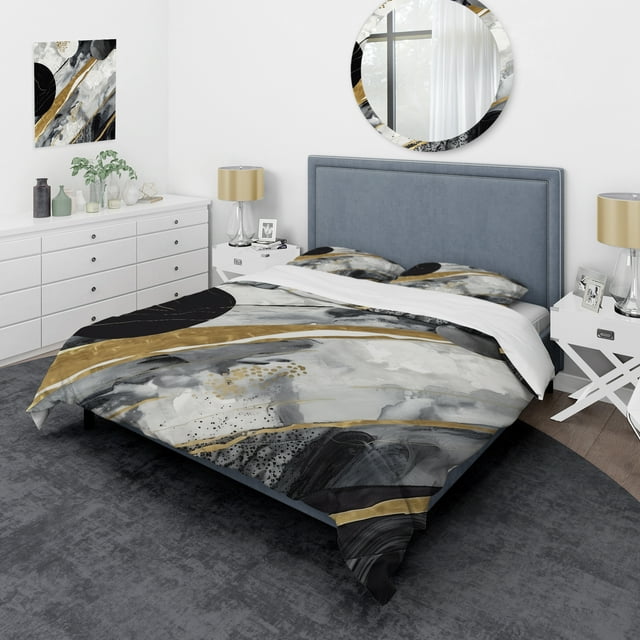 Designart "Marble Fusion Black and Gold I" Abstract Marble Bedding Covert Set - Modern Black Abstract Bed Set With 2 Shams