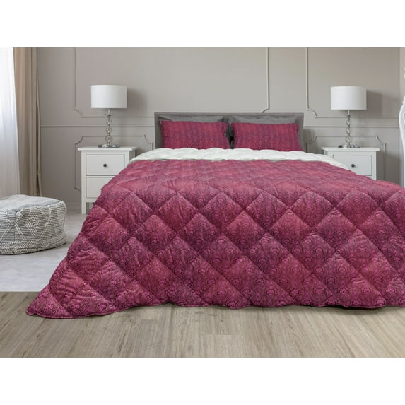 Magenta Comforter & Sham Bedding Set, Monochrome Flourishing Flowers with Leaves Pattern Royal Garden Design, 3 pcs Duvet Set Microfiber Filling Quilt, 5 Sizes, Magenta and Purple, by Ambesonne